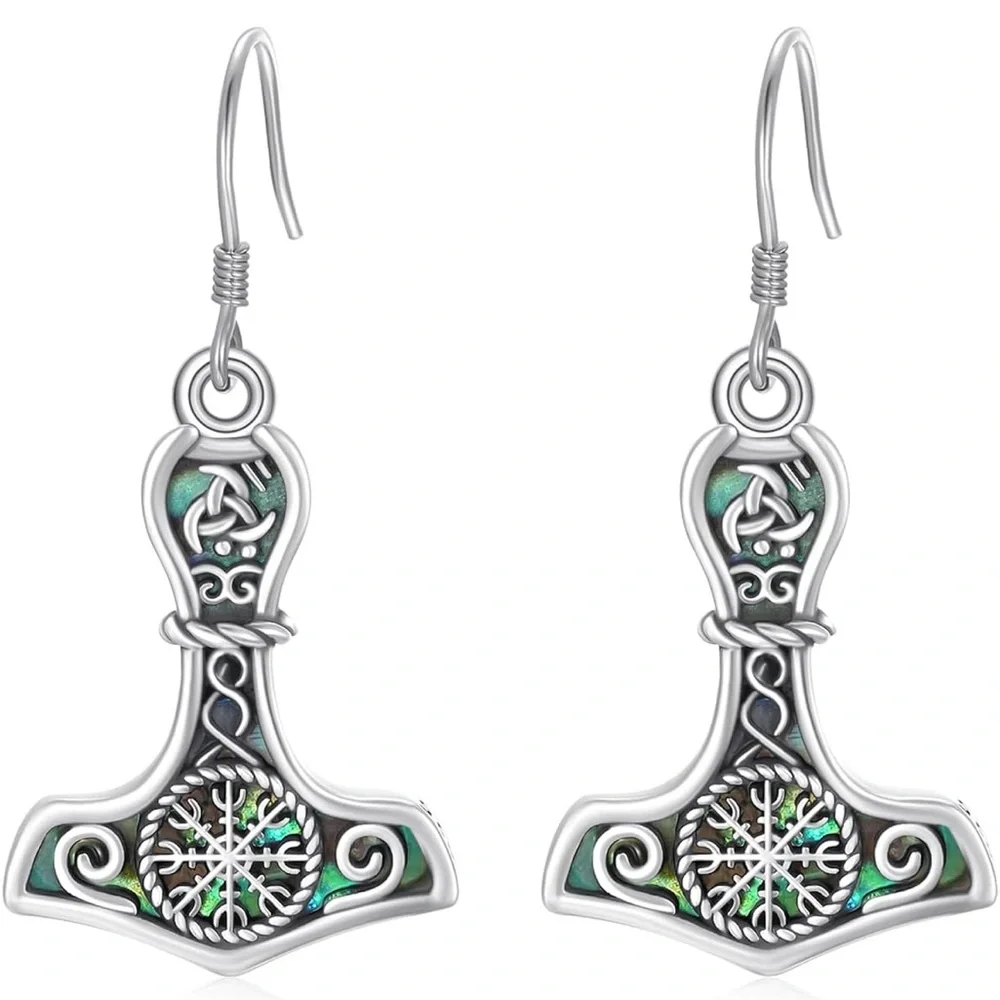 Viking Earrings Tree of Life 925 Sterling Silver Thor Hammer Compass Dangle Drop - Picture 1 of 7